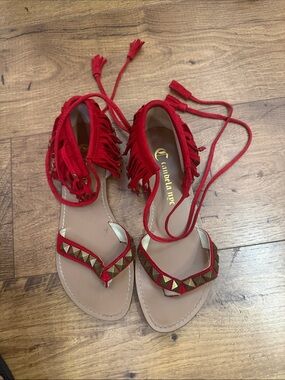 Camilla Red Fringe Lace-Up Studded Sandals